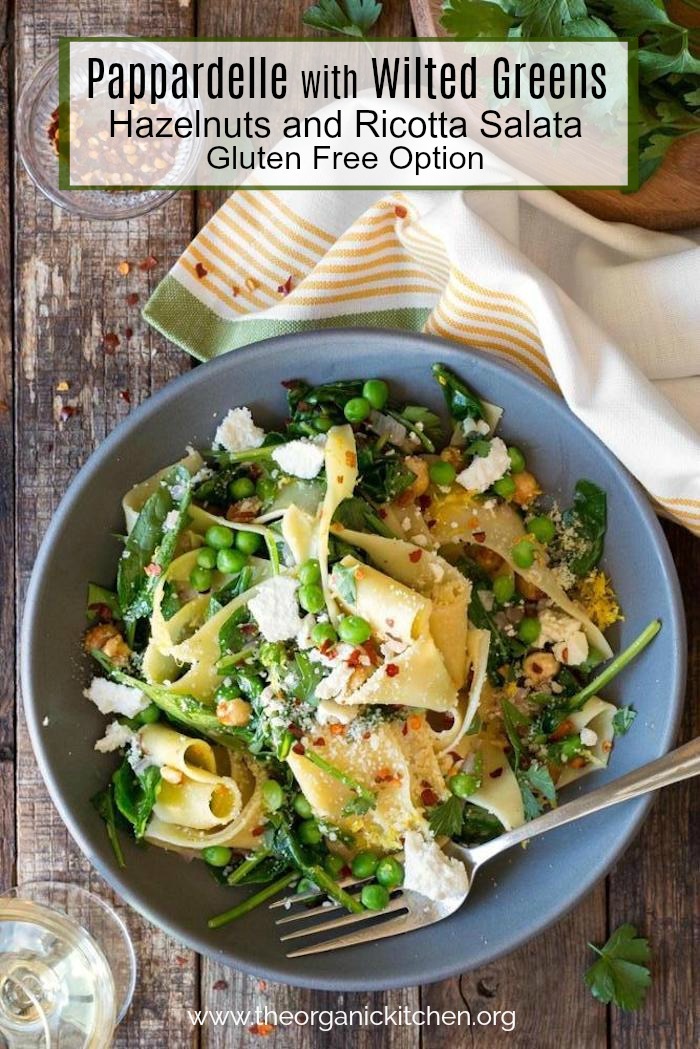 Pappardelle with Wilted Greens (Gluten Free Option) #pappardelle #peas #springpasta #glutenfreepasta #20minutemeal