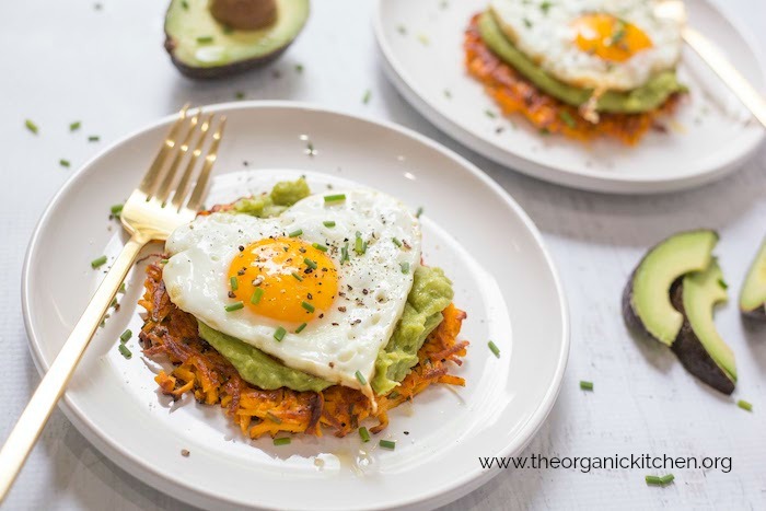 Savory Sweet Potato Fritters with Avocado and Fried Eggs! #paleo #whole30 #sweetpotato #fritters #valentinebreakfast
